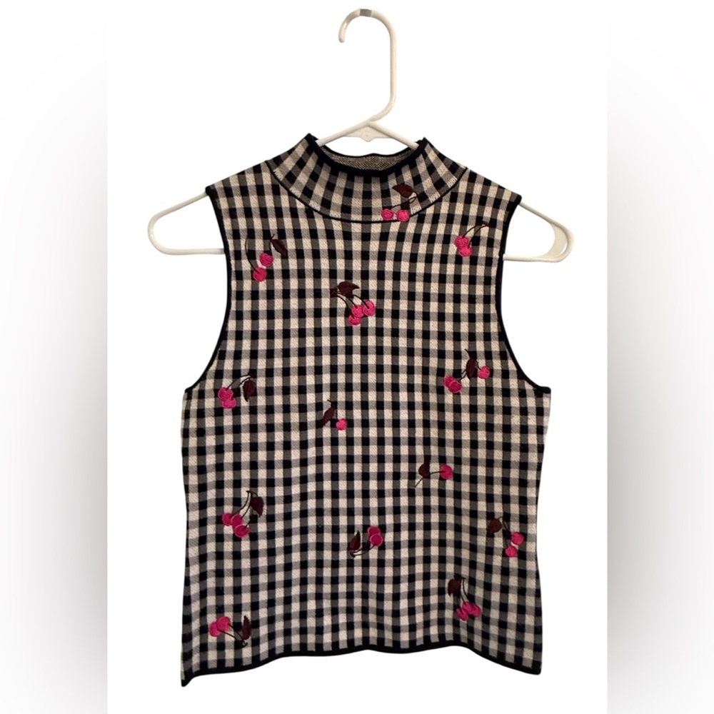 Maeve by Anthropologie Sleeveless Mock Neck Sweater Tank Black White Gingham XXS - Picture 3 of 16
